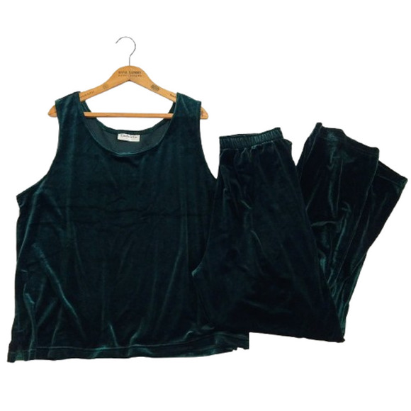 Vintage 90s Velvet Tank Pants Set Size XL Green Stretch Whimsigoth Fairy Grunge - Picture 1 of 9